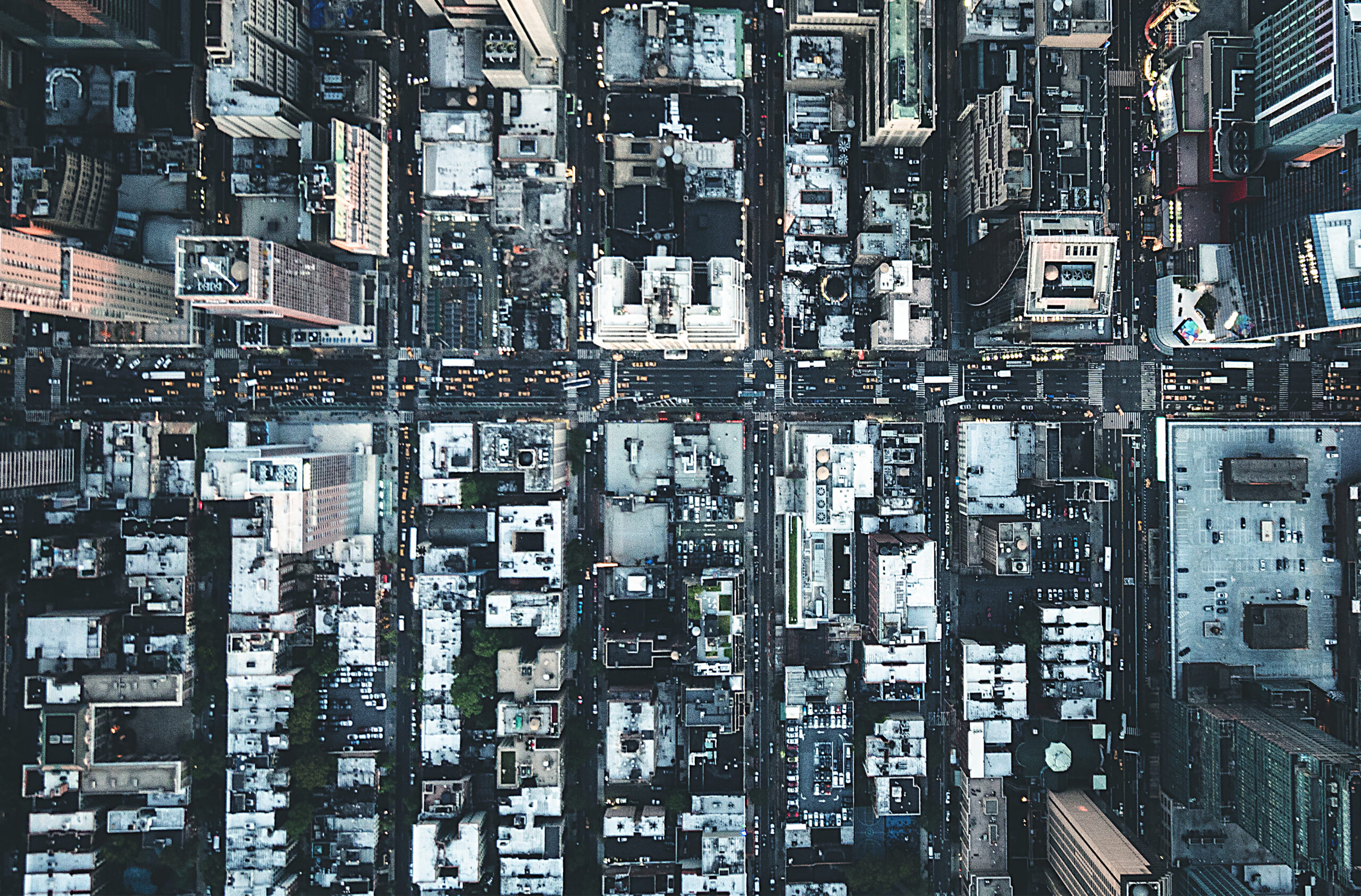 Overhead shot of a dense cityscape.