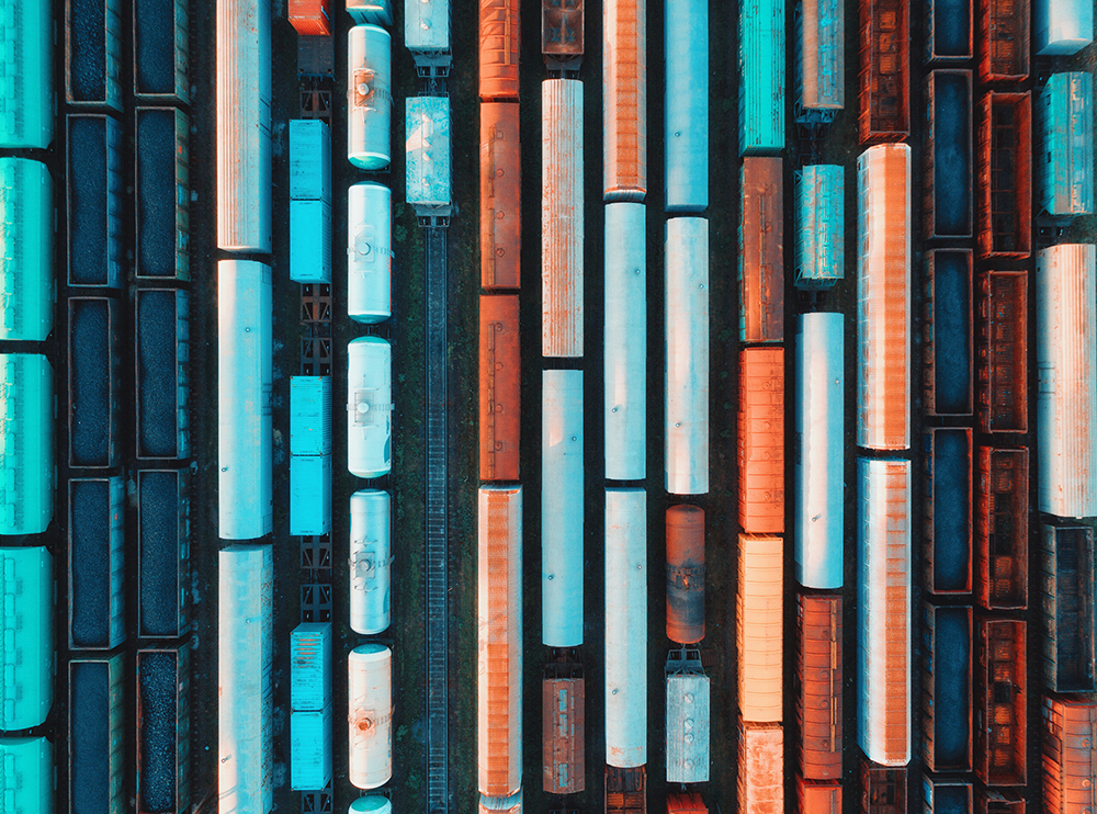 Aerial view of freight trains